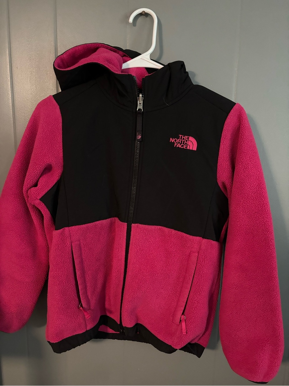 The North Face Black and Pink Hooded Denali Fleece Jacket